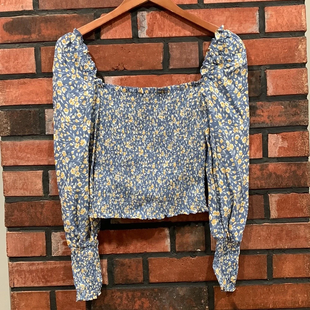 Reformation Blue Floral Smocked Square-Neck Top